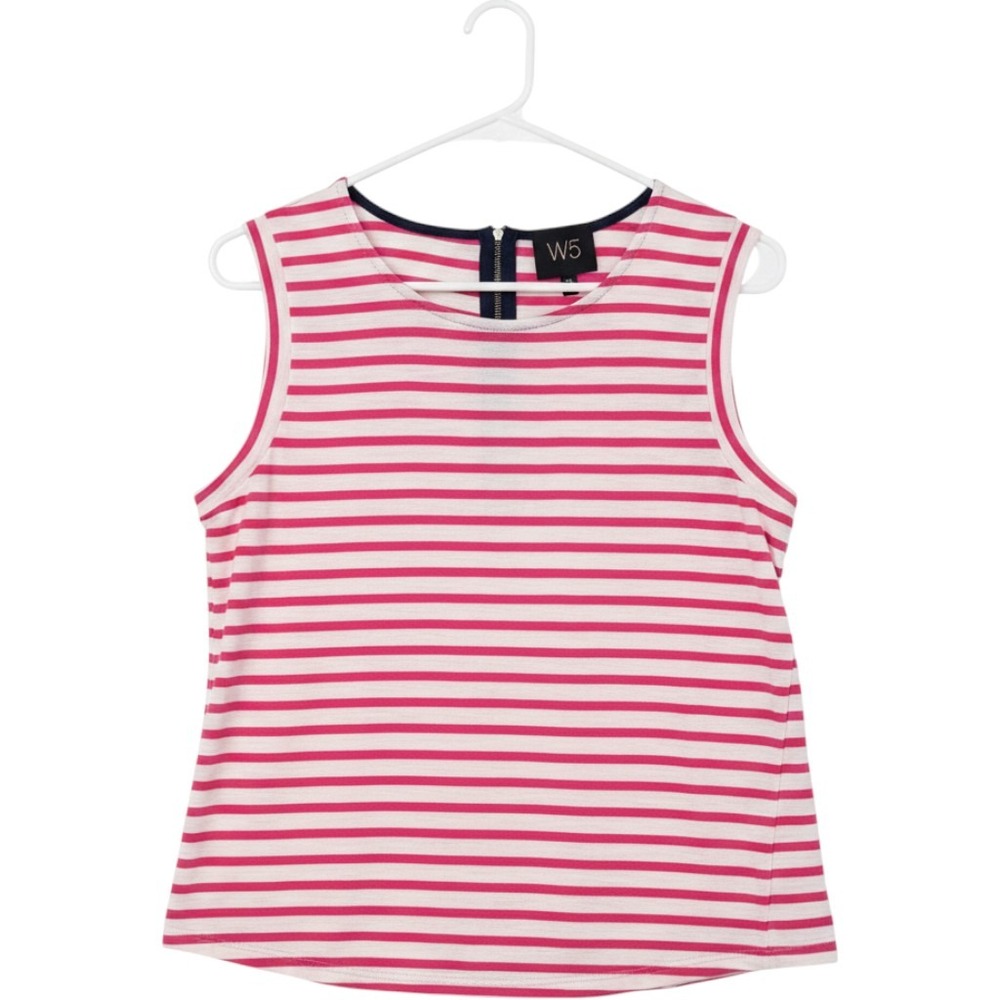 W5 Women Pink White Striped Sleeveless Tank Top Crew Neck Back Zip Size M NWT